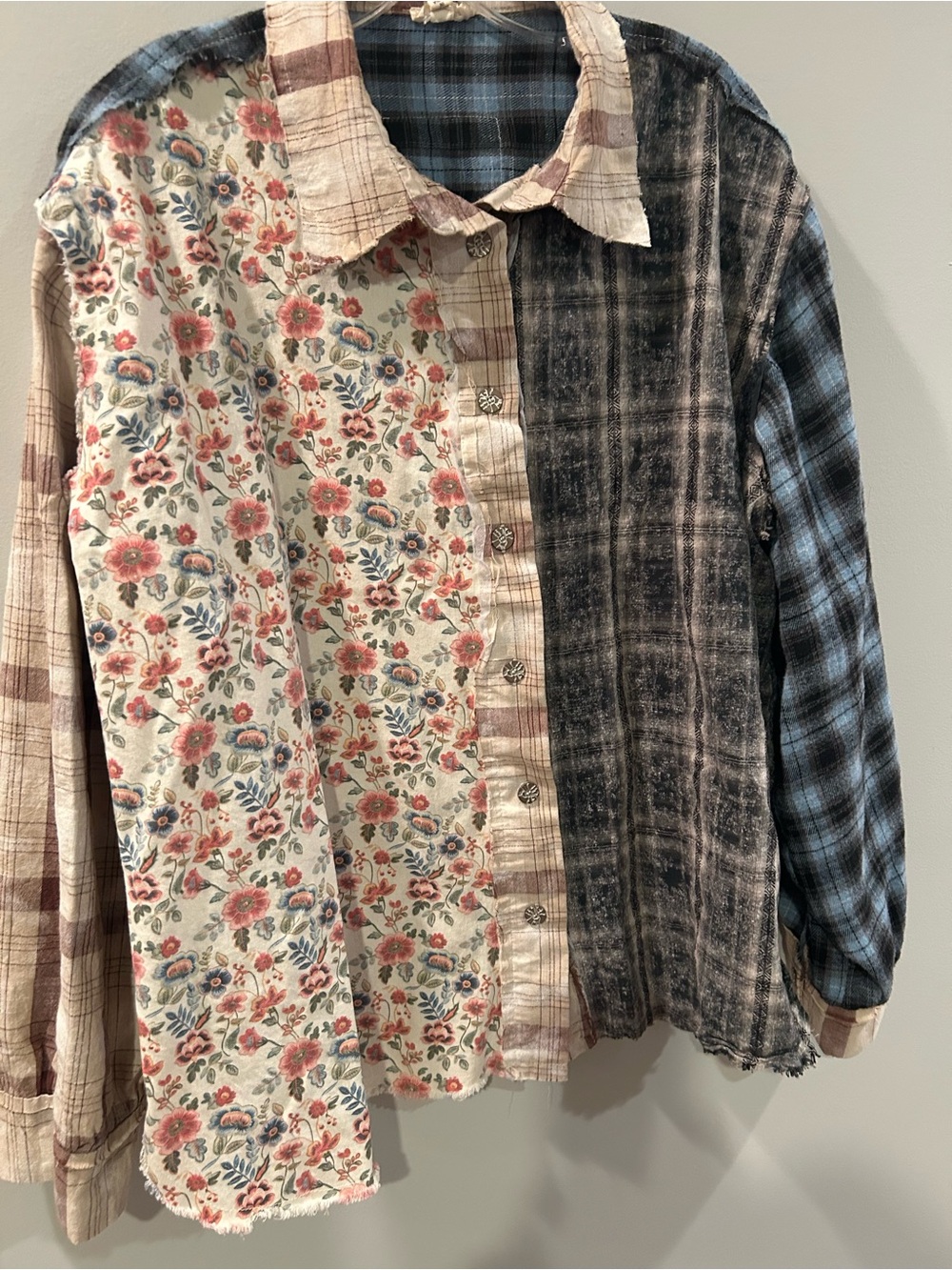 POL Mixed Floral and Plaid Button-Down Shirt - Pink, Blue, Cream